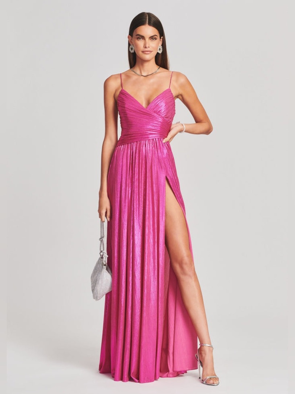 Retrofete Doss Dress Hot Pink Maxi Gown High Slit Ruched Formal Wedding Guest